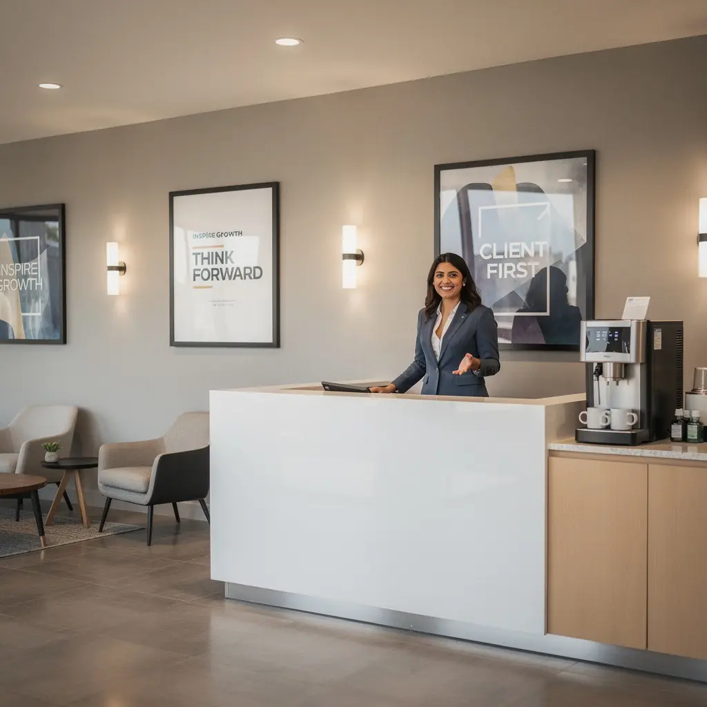 Strefa pracy z akustycznymi panelami poprawiającymi komfort akustyczny.