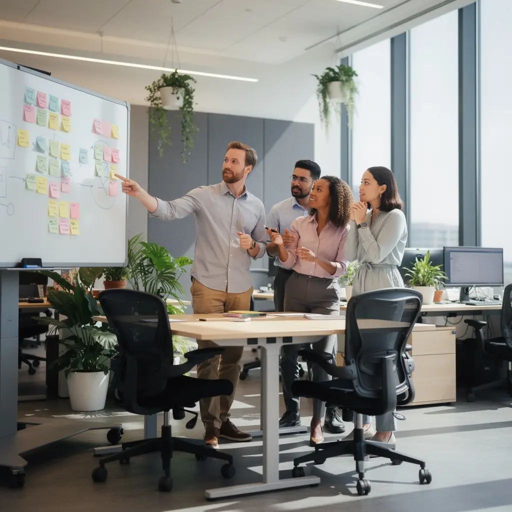 Przestrzeń biurowa z ergonomicznymi stanowiskami pracy, sprzyjająca efektywnej komunikacji i koncentracji.